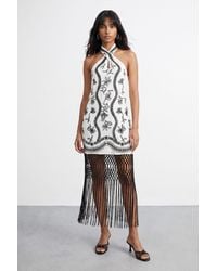 Warehouse - Embroidered Fringe Mini Dress - Lyst
