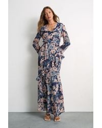 Warehouse - Long Sleeve Cowl Neck Floral Print Ruffle Detail Maxi Dress - Lyst