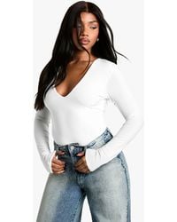 Boohoo - Double Layer Slinky Plunge Front Long Sleeve One Piece - Lyst