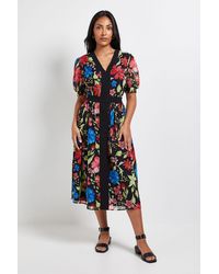 Wallis - Petite Floral Zip Puff Sleeve Midi Dress - Lyst