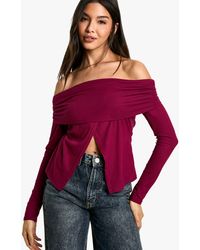 Boohoo - Soft Rib Bardot Top With Split Hem - Lyst