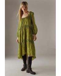 Warehouse - Snake Shadow Stripe Ruffle Square Neck Smock Midi Dress - Lyst