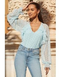 Sosandar - Spot Print Ruffle Detail Mesh Blouse - Lyst