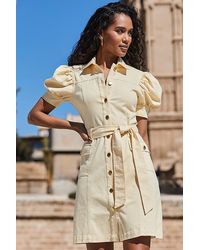 Sosandar - Petite Puff Sleeve Belted Denim Dress - Lyst