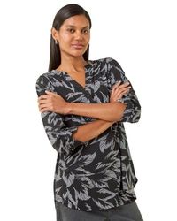 Roman - Leaf Puff Print Button Front 3/4 Sleevetop - Lyst