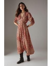 Warehouse - Viscose V Neck Puff Sleeve Midi - Lyst