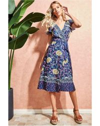Goddiva - Floral Print Wrap Midi With Flutter Sleeves - Lyst