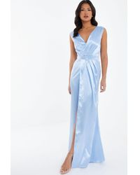 Quiz - Light Blue Satin Wrap Split Leg Maxi Dress - Lyst