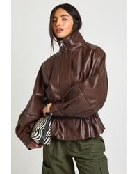 Boohoo - Pebbled Faux Leather Cinched Waist Funnel Neck Jacket - Lyst
