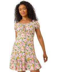 Roman - Petite Floral Print Frill Stretch Dress - Lyst
