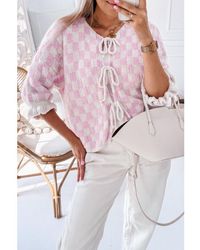 Azura Exchange - Checkered Knitted Lace-Up Ruffled 3/4 Sleeve Cardigan Viscose - Lyst