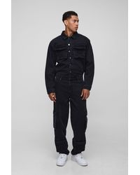 BoohooMAN - Long Sleeve Relaxed Washed Cargo Denim Boilersuit - Lyst
