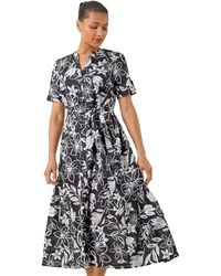 Roman - Floral Print Tie Waist Midi Dress - Lyst