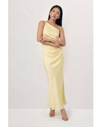 MissPap - Satin Asymmetric Strap Pleated Waist Low Back Maxi Bridesmaid Dress - Lyst