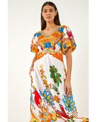 Roman - Floral Border Ruched Midi Dress - Lyst