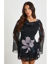 Boohoo - Petite Floral Long Sleeve Chiffon Mini Dress - Lyst