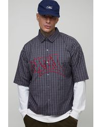 BoohooMAN - Tall Oversized Boxy Graffiti Applique Faux Layer Micro Check Shirt - Lyst
