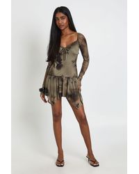 Boohoo - Floral Print Mesh Square Neck Frill Hem Skater Dress - Lyst