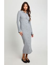 Boohoo - Ribbed Collared Button Down Shirt Midaxi Dress - Lyst