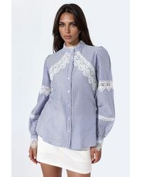 Msn-Collection - Striped Woven Shirt-Collar T-Shirt - Lyst