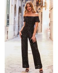 Sosandar - Petite Sequin Bardot Wide Leg Jumpsuit Metallic - Lyst