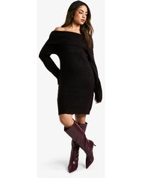 Boohoo - Rib Bardot Neckline Mini Jumper Dress - Lyst
