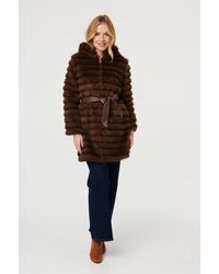 Izabel London - Faux Fur Striped Tie Waist Longline Coat - Lyst