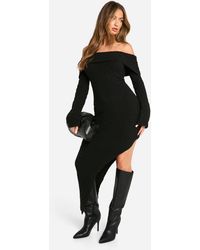 Boohoo - Soft Cable Asymmetric Hem Bardot Maxi Dress - Lyst