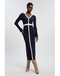 Karen Millen - Petite Knit Rib With Contrast Waist Detail Collared Midi Dress - Lyst