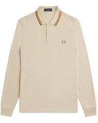 Fred Perry - Long Sleeve Twin Tipped Oatmeal Polo Shirt Cotton - Lyst