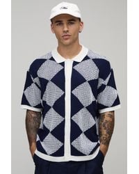 BoohooMAN - Relaxed Fit Open Stitch Diamond Crochet Knitted Shirt - Lyst