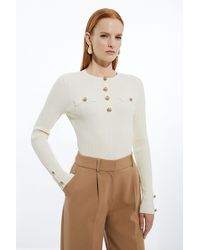 Karen Millen - Petite Military Trim Rib Long Sleeve Knit Top - Lyst