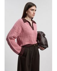 Karen Millen - Cotton Contrast Tipping Collared V Neck Knitted Jumper - Lyst