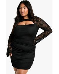 Boohoo - Plus Mesh Lace Ruched Bodycon Dress - Lyst