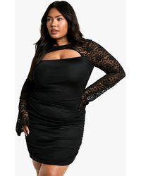 Boohoo - Plus Mesh Lace Ruched Bodycon Dress - Lyst