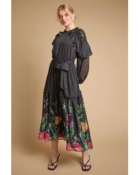 Oasis - Printed Chiffon Cape Detail Belted Waist Midi Dress - Lyst