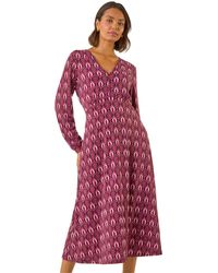 Roman - Geo Print V-Neck Stretch Midi Dress - Lyst