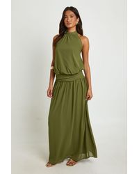 Boohoo - Chiffon Ruched Drop Waist Halter Neck Maxi Dress - Lyst