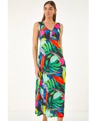 Roman - Leaf Print V-Neck Midi Dress - Lyst