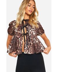 Boohoo - Leopard Puff Sleeve Contrast Bow Tie Blouse - Lyst