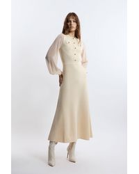 Karen Millen - Viscose Blend Maxi Knit Dress With Chiffon Sleeve Military Trim - Lyst