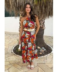 AX Paris - Multi Butterfly Print Halterneck Straw Belt Tiered Midi Dress - Lyst