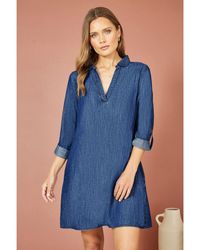 Yumi' - Blue Chambray Cotton Tunic With Pockets - Lyst