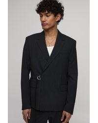BoohooMAN - Pinstripe Relaxed Fit Buckle Detail Wrap Blazer - Lyst