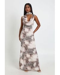Boohoo - Tonal Animal Print Maxi Dress With Scarf Detail - Lyst