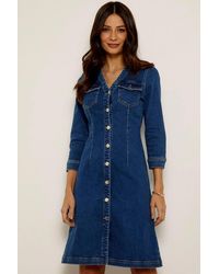 Sosandar - V Neck Button Front Denim Dress - Lyst