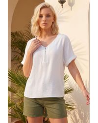 Roman - Petite Zip Front V-Neck Top - Lyst