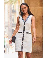 Sosandar - Ivory Boucle Shift Dress With Faux Leather Trim - Lyst