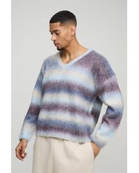 BoohooMAN - Oversized Boxy Brushed Stripe V Neck Knitted Sweater - Lyst