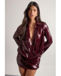 Boohoo - Sequin Draped Flare Sleeve Shirt Dress - Lyst